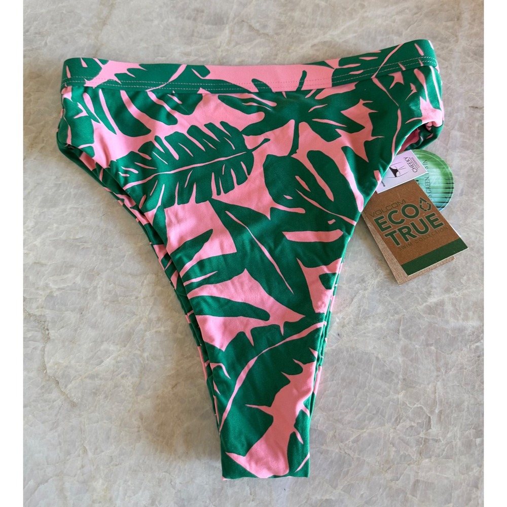 NWT Volcom Eco True High Waisted Cheeky Bikini Bottoms Pink Green Palm Leaf XS